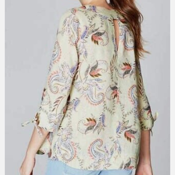 J.Jill Floral Paisley 3/4 Sleeve Tunic Love Linen Tie-Sleeve Blouse Small Petite - Picture 12 of 13